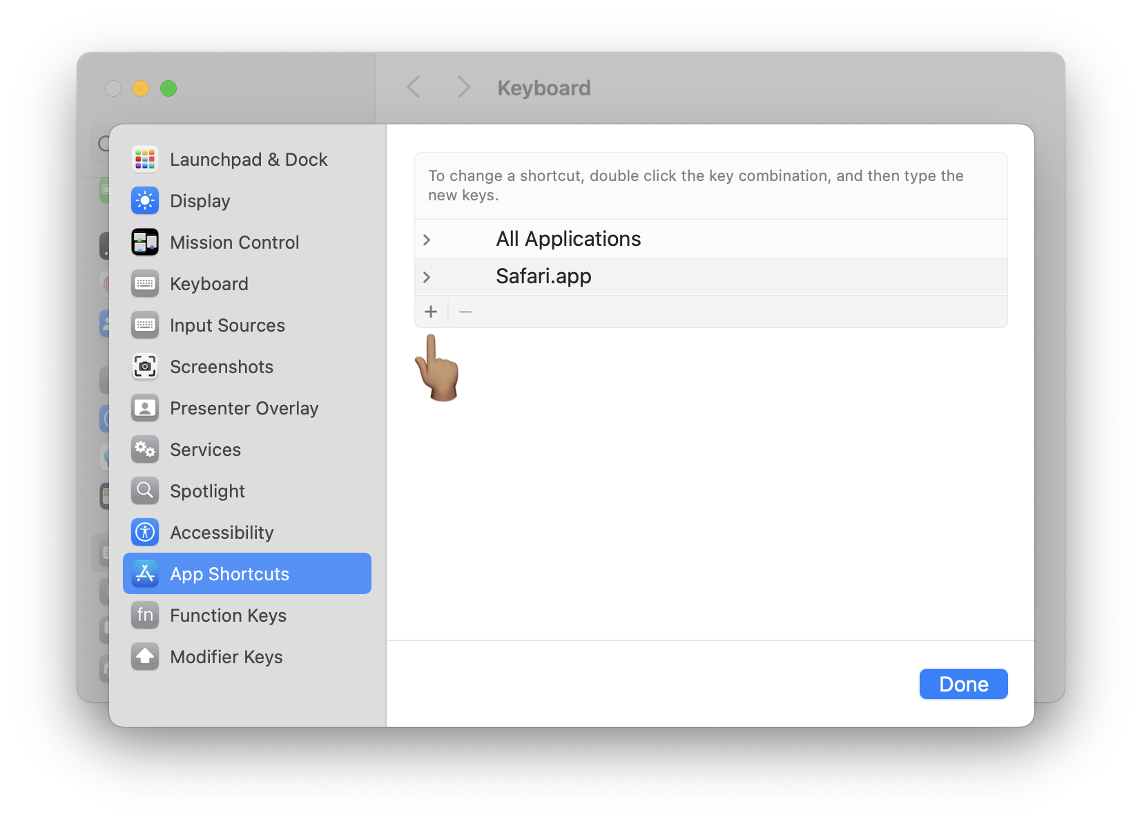 App shortcuts dialog in MacOS Keyboard Shortcut settings.